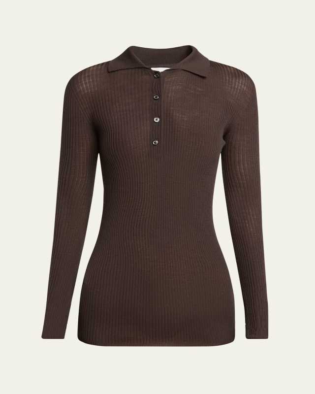 Long-Sleeve Fine Rib Polo Top